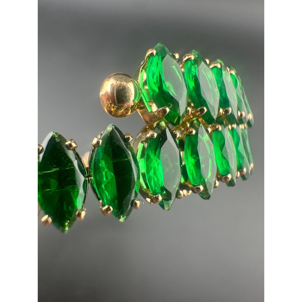 Vintage Emerald Green Glass Navette Rhinestone Flexible Bracelet Mid Century - Picture 2 of 11